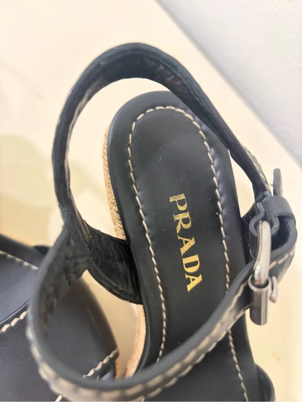 Prada Black Leather Espadrille Wedge Sandals with Contrast Stitching
